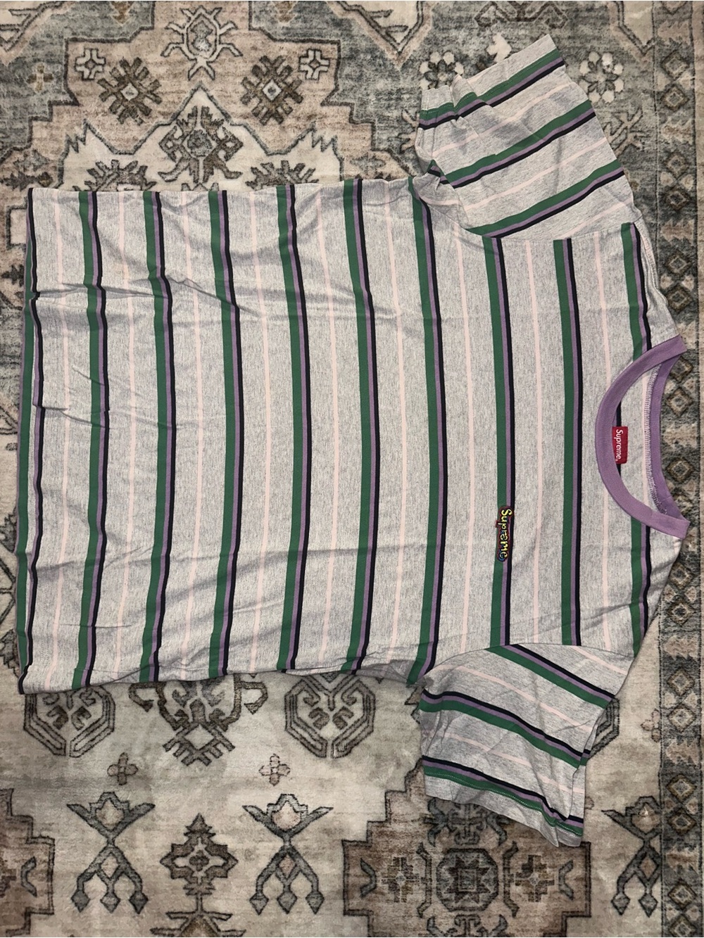 Supreme Gray Tee with Purple & Green Stripes